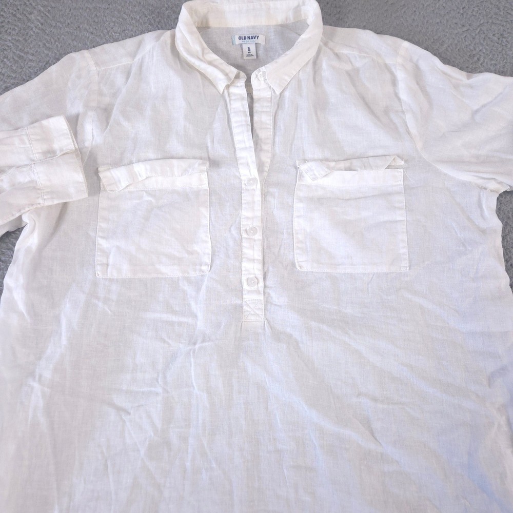 Old Navy Shirt Women XL White Linen Boyfriend Roll Tab Sleeve Linen Blend Pocket