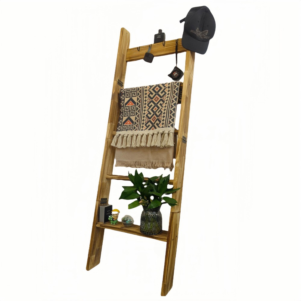 5-Tier Blanket Ladder Wooden, 5.3FT/63'' Blanket Ladder Shelf, Quilt Towel Ho...