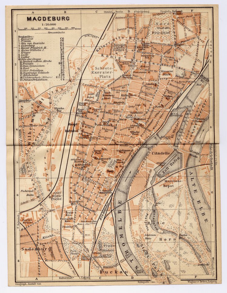 1910 Original Antique Map Of Magdeburg Saxony Sachsen Anhalt / Germany