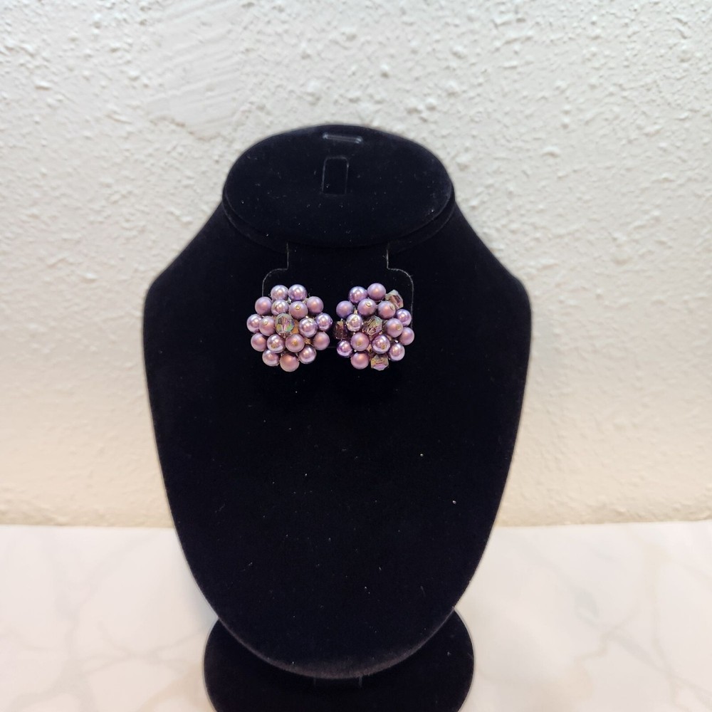 Vintage Cluster Clip On Earrings Japan Purple Faux Pearl And Glass Bead 1