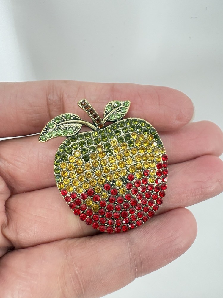 Vintage Style Apple Brooch Rhinestone with Green Leaves Gold Tone Lapel Pin