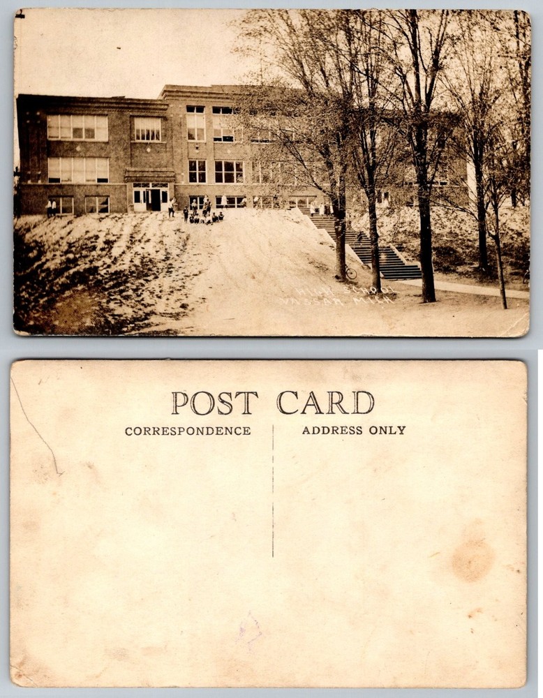 Vassar Michigan High School RPPC Postcard c1910 Students & Bicycle