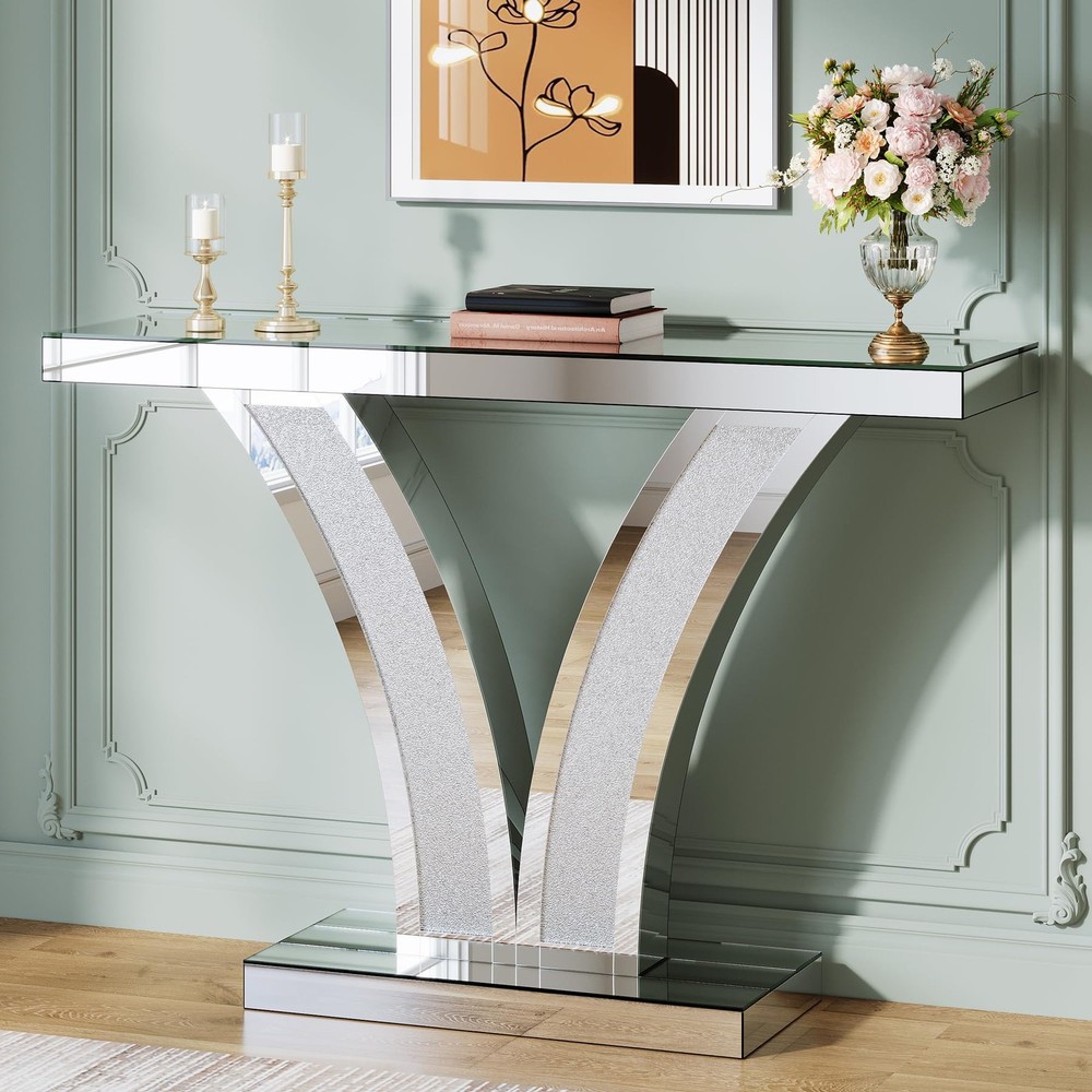 Mirrored Console Table Modern Sliver Entryway Sofa Table with Crystal Inlay