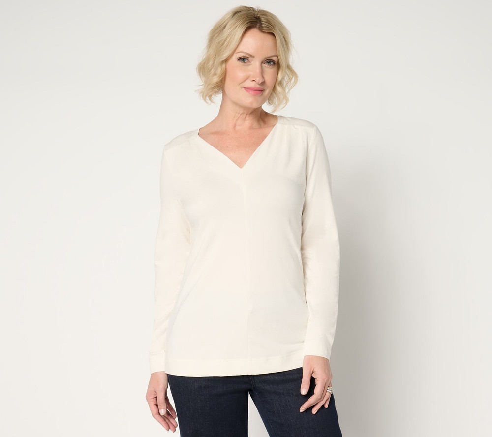 Denim & Co. Women's Top Sz XL Essentials Favorite Jersey V-Neck w White A677666