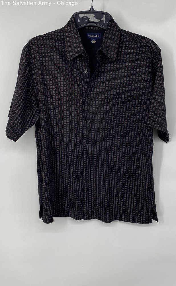 Toscano Mens Black Silk Short Sleeve Collared Button-Up Shirt Size Medium