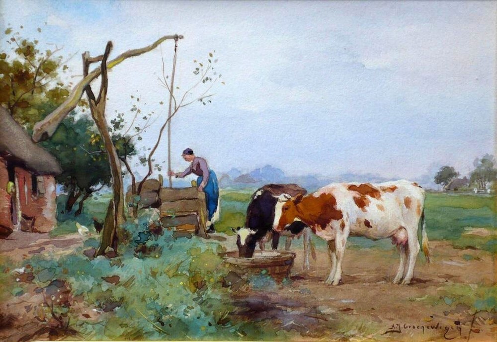 Oil painting Adrianus-Johannes-Groenewegen-Cows-Drinking &figure in landscape ar