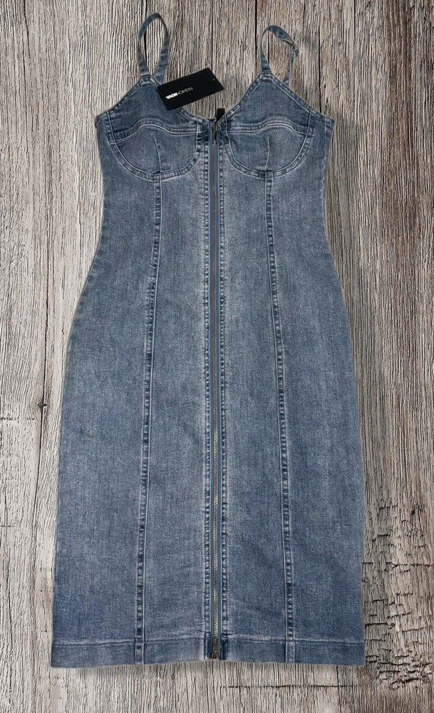 Fashion Nova NWT Blue Denim Body-con Dress Front Zipper Women’s S Spring 90s