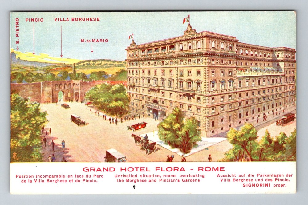 Italy- Rome Grand Hotel Flora Advertising Souvenir Old Postal Vintage Postcard