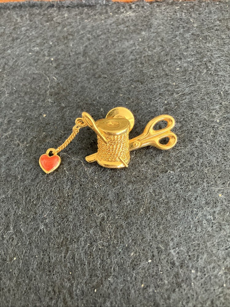 Vintage Avon Gold Tone Sewing Themed Brooch Pin Scissors Thread Spool Needle...