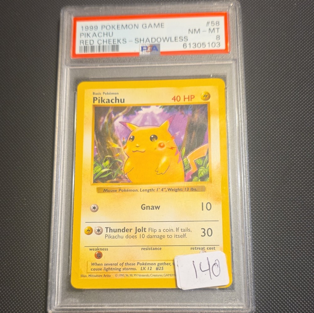 Pokemon 1999 Base Set Shadowless Pikachu Red Cheeks 58 Regular EN PSA 8
