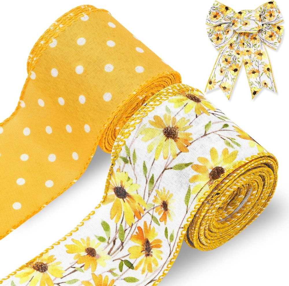 Daisy Dots Wired Edge Ribbon, Yellow & White, 2 Rolls, 20 Yards Total