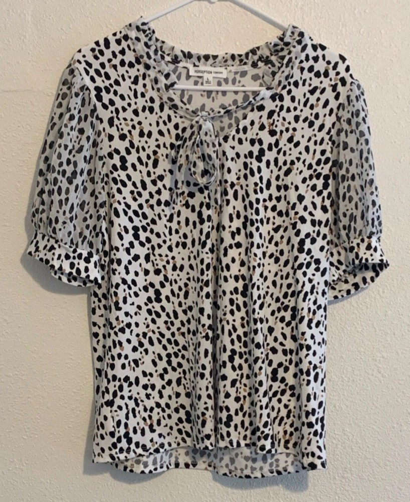 Perseption Concept Women's Short Sleeve Tie Neck Animal Print Blouse Black Whit…