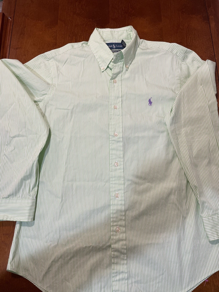 Ralph Lauren Custom Fit Green White Stripe Button Down Shirt Purple Pony Logo