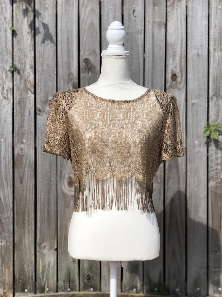 Vintage 90’s Sheer Lace Fringe Crop Top Y2K