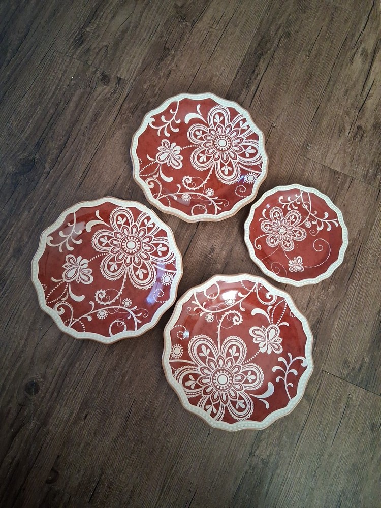 PIER 1 Imports Maribeth Salad Plate Red Scalloped Abstract Floral 8.5Lot of 3 plus saucer cup plate