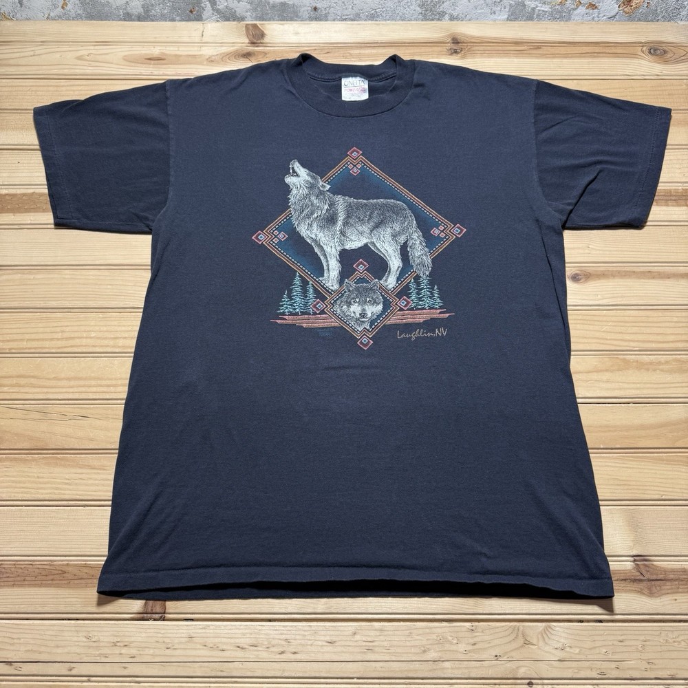Vintage 90s Faded Black Wolf Nature Laughlin Nevada Wilderness Shirt Size XL