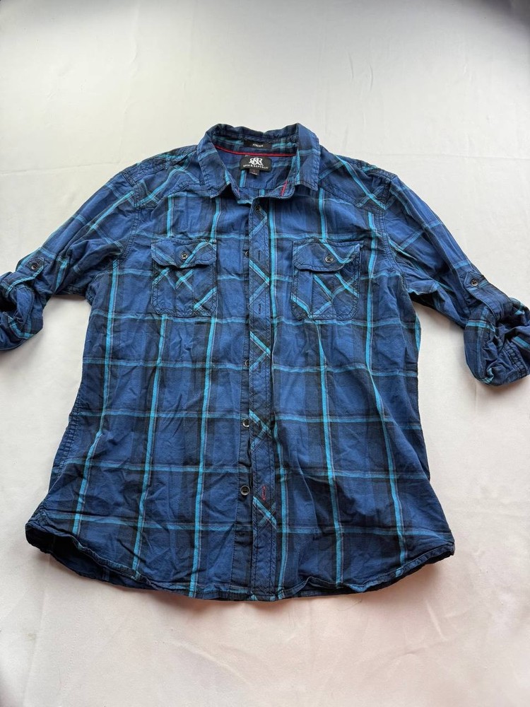 Rock Republic Women Shirt Large Blue Plaid Button Up Long Roll Tab Sleeve Top