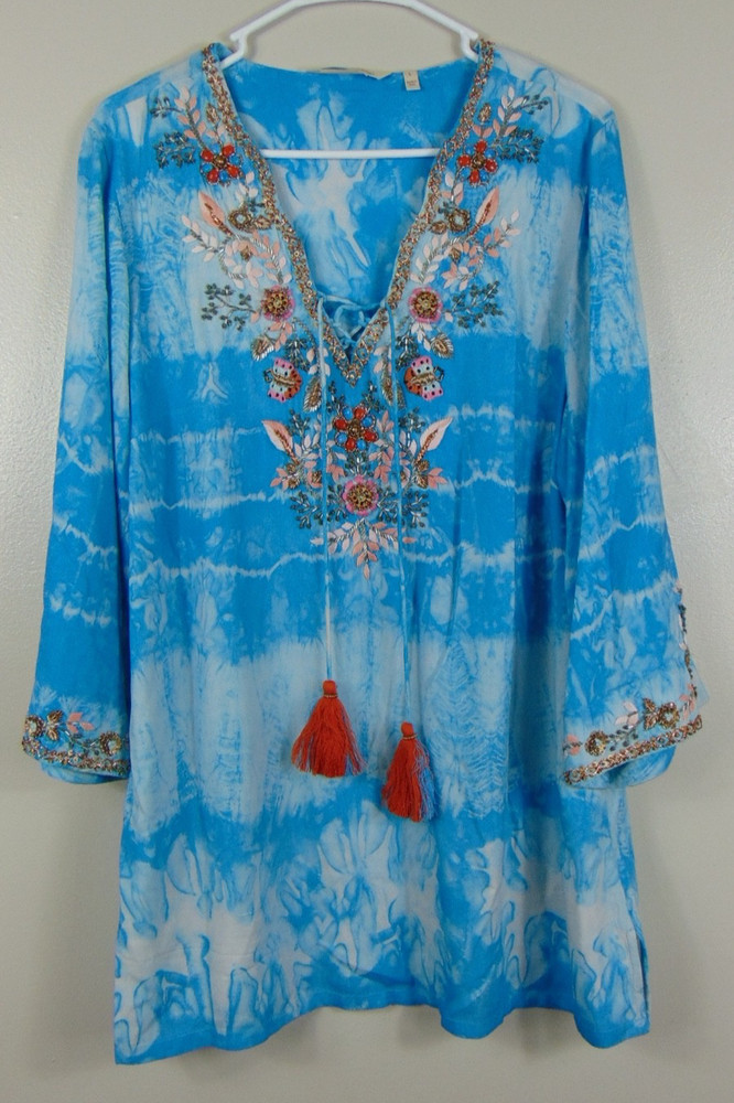 Soft Surroundings Icon Beverly Tunic Women Large Blue Tie Dye Beaded Embroidered