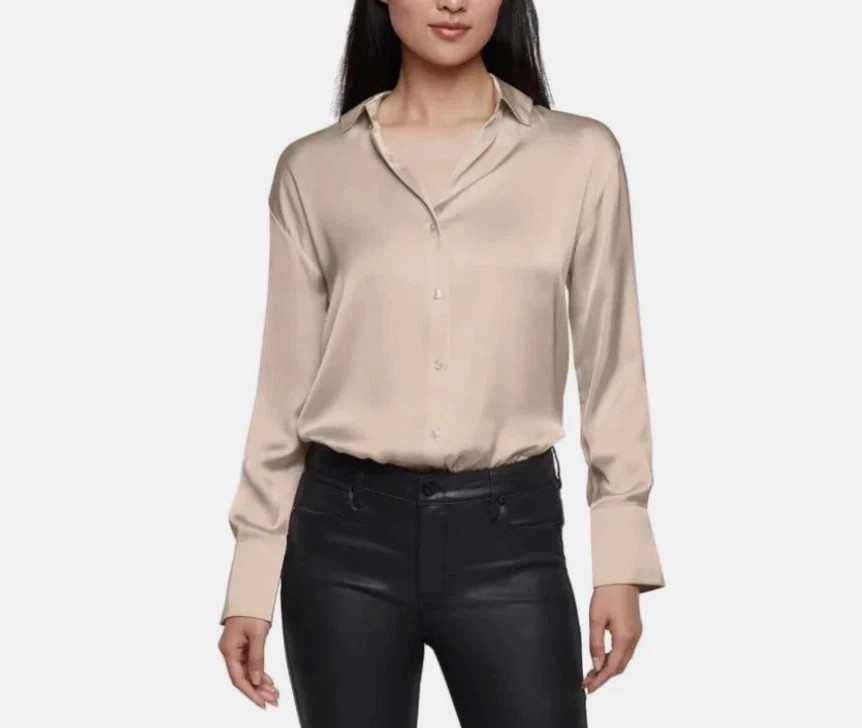 Express Women's Button Down V-Neck Long Sleeves Satin Shirt, Cream, Size XL
