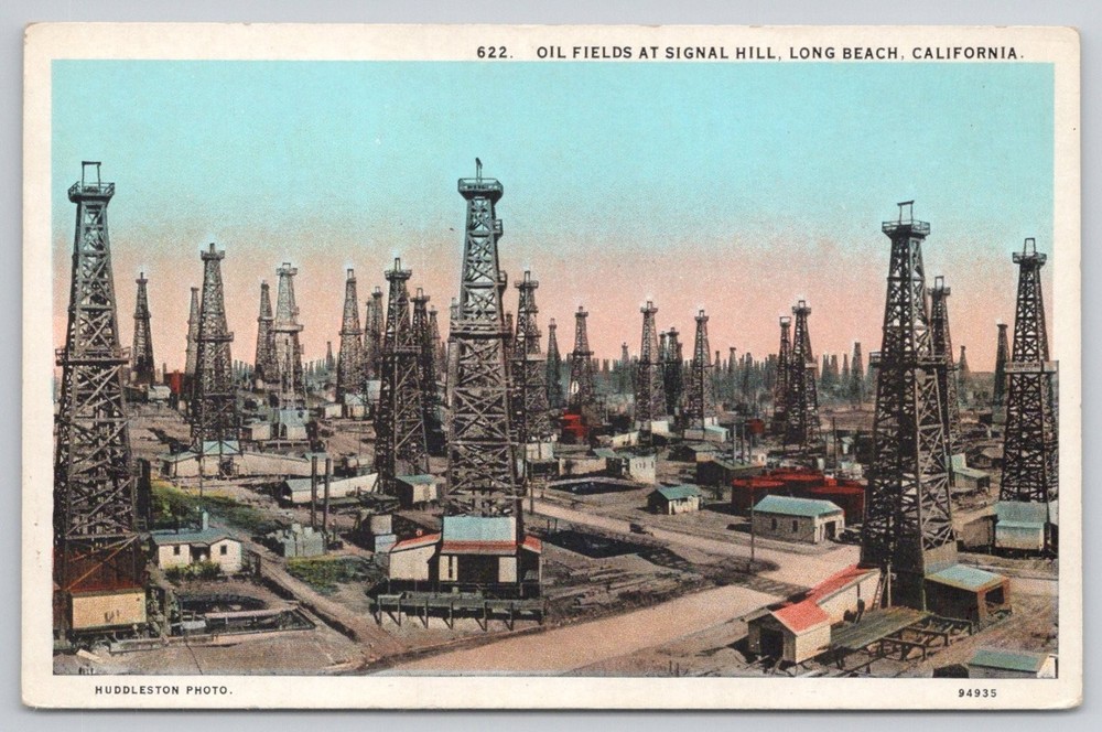Vintage Signal Hill Oil Fields Long Beach CA Postcard Linen Huddleston Photo