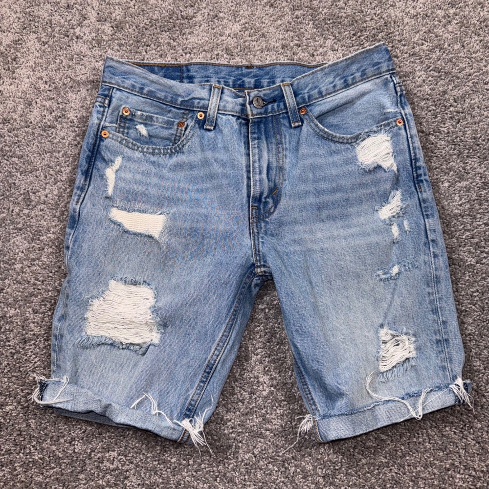 Levis 511 Slim Fit Distressed Denim Shorts Mens Light Wash Blue 32 Excellent