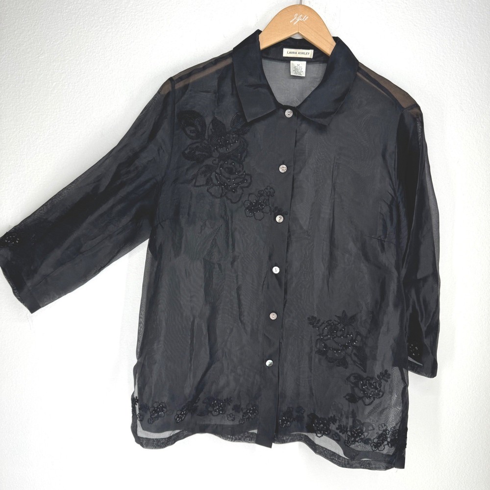 Vintage Laura Ashley Silk Sheer Beaded Floral Embroidered Button Top Whimsgoth