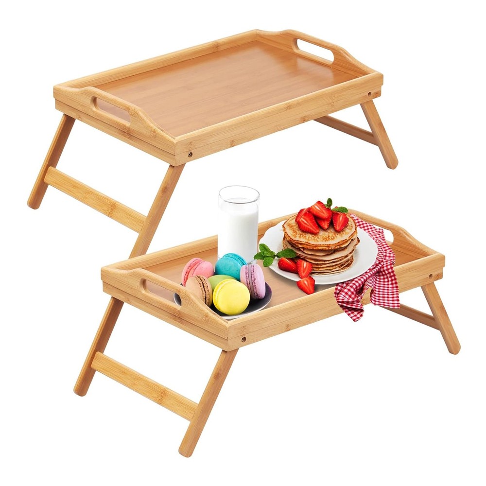 Foldable Bamboo Bed Tray Table with Handles for Breakfast in Bed