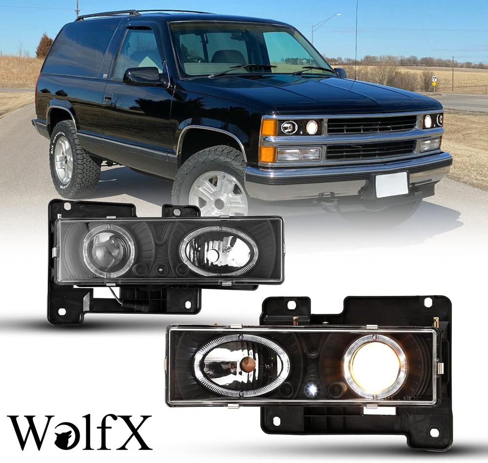 Pair LED Halo Ring Headlights For 1992-1999 Chevy C1500 C2500 Suburban GMC Yukon