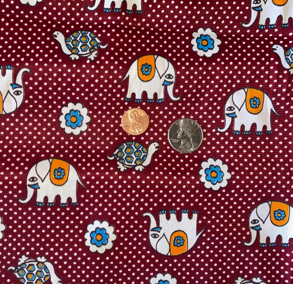 Vintage 70s MOD Burgundy Polka Dot Elephant Print Fabric 42in x 2yd