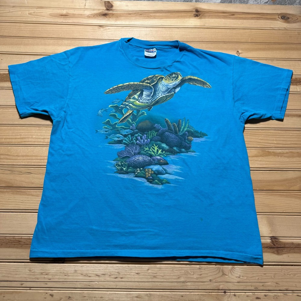 Vintage 90s Sea Turtle Fish Ocean Coral Single Stitch Graphic Shirt USA Made XL