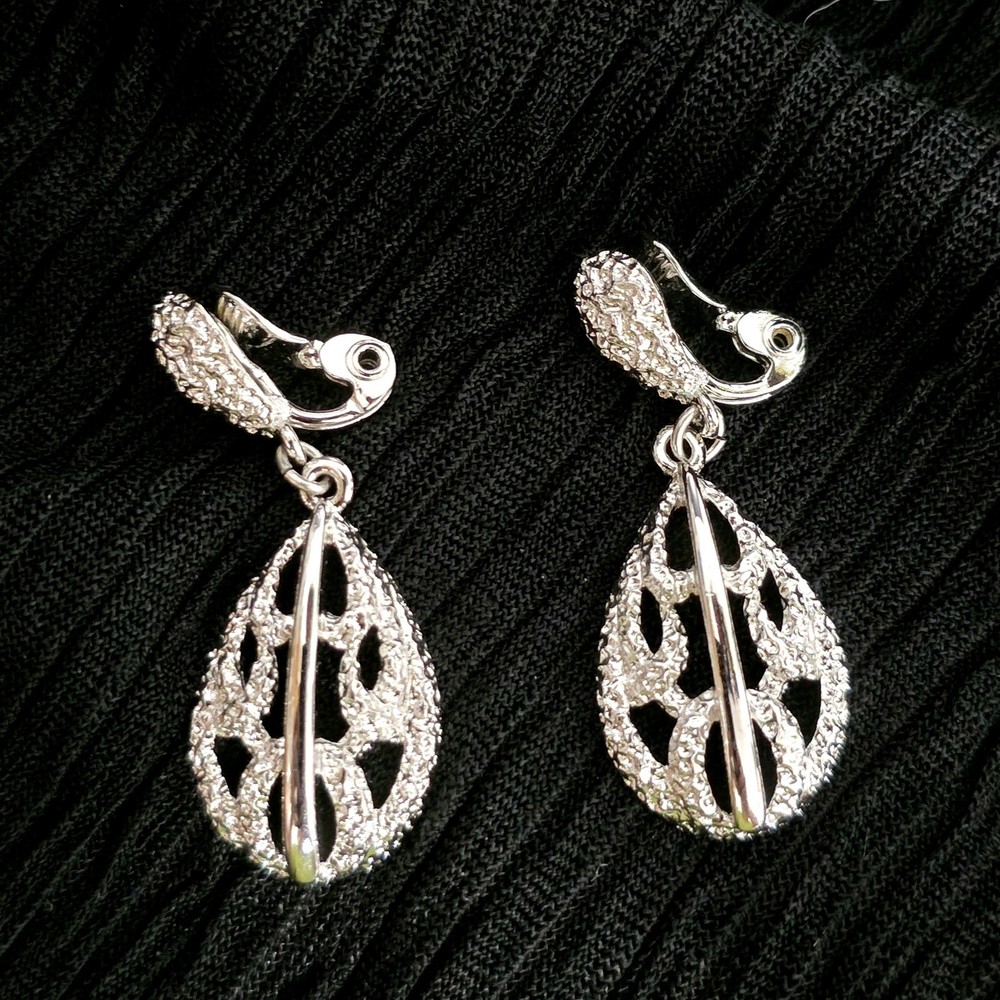 Monet Silver Tone Filigree Dangle Clip On Earrings Vintage Textured