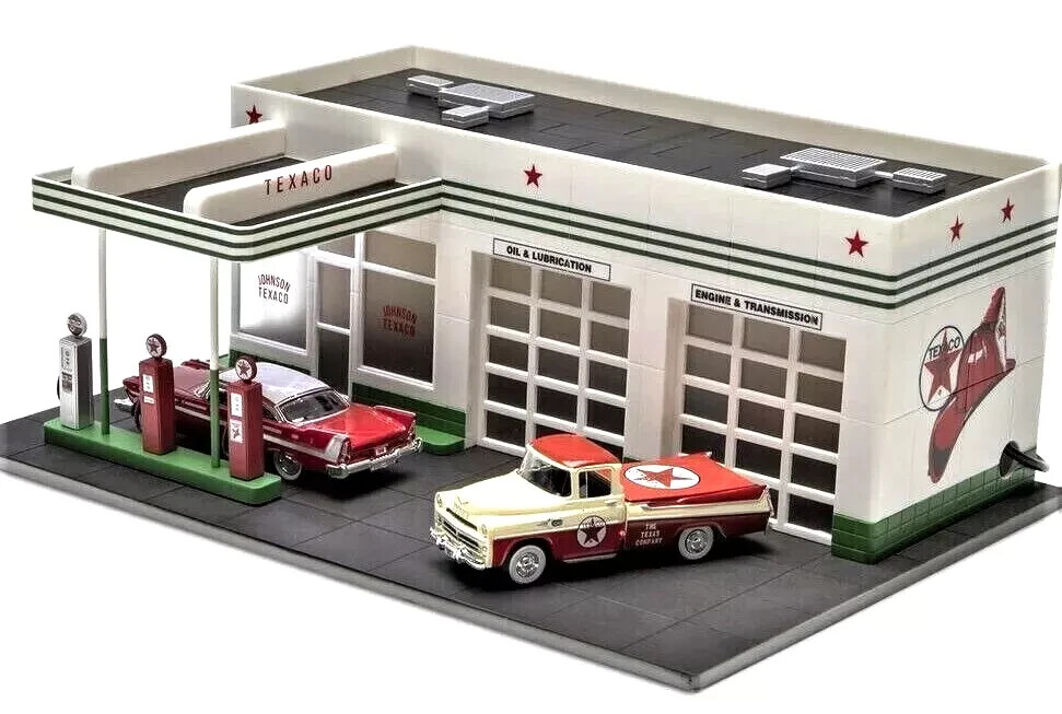 1/48 O Scale Ltd Ed. TEXACO GAS SERVICE STATION Pre-Lit LED Lighted + 2 Diecast