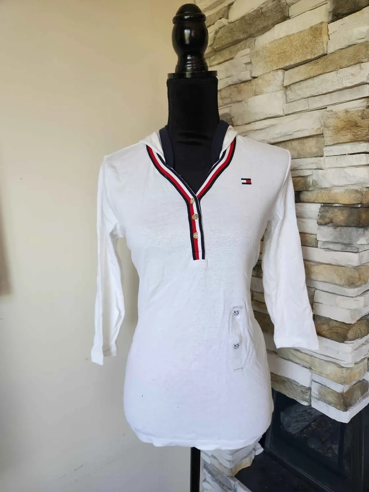 Tommy Hilfiger Women's White V-Neck Sailor Cotton Top 3/4 Length Sleeve Size: XS