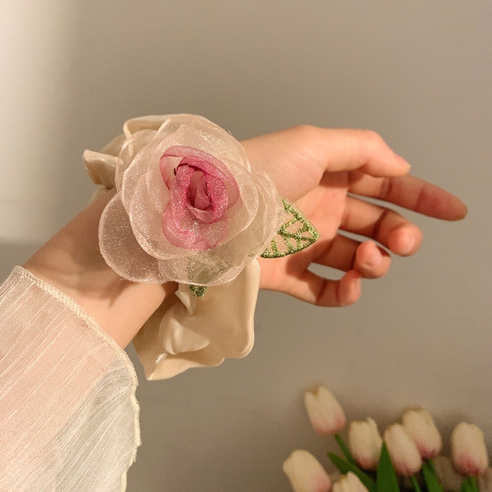 Organza Hair Scrunchies Pink Large Intestine Trendy Rose Flower Hairpin  Women