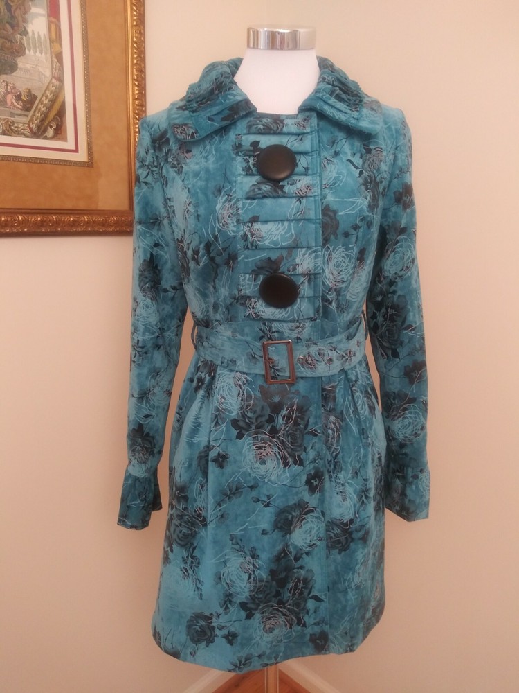 Pura Vida Blue Abstract Floral Belted Trench Coat Size 6 NWT-image