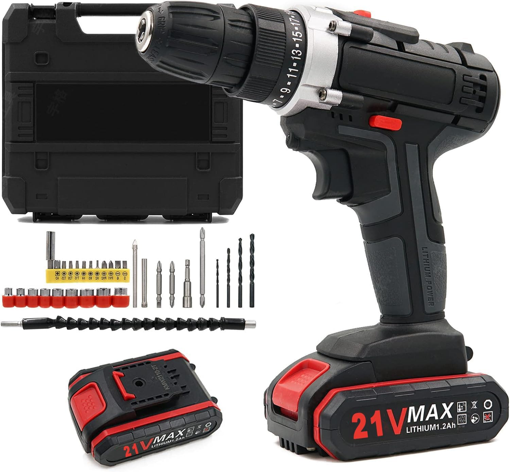 21V Power Cordless Drill Set with 2 X 1.2Ah Batteries, 3/8 Inch Chuck Electric D