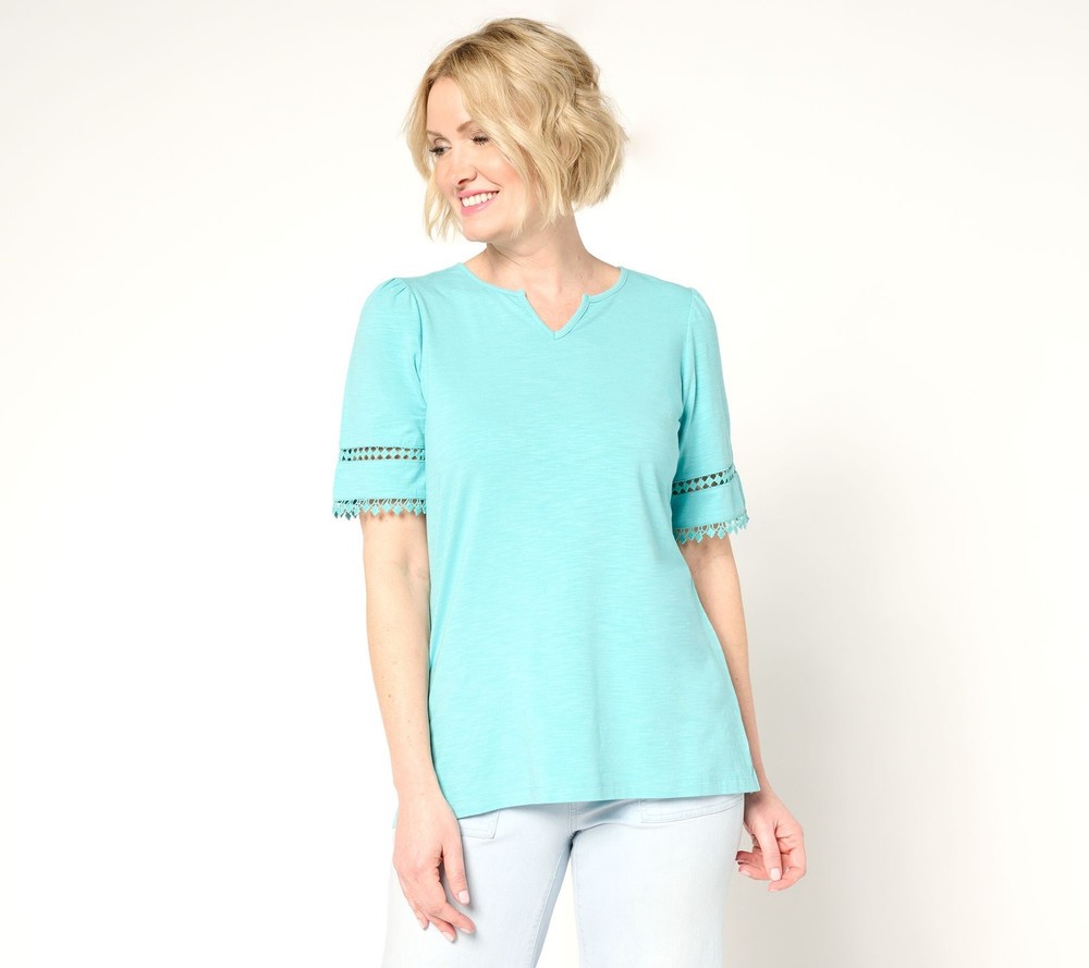Belle by Kim Gravel Women's Top Sz L Slub Knit Diamond Trim Blue A686384