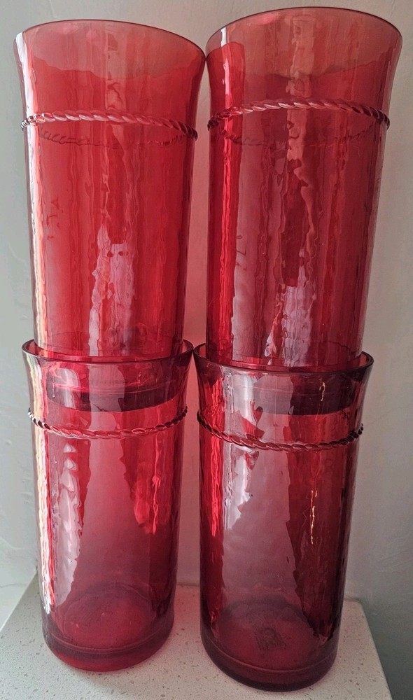 Set of 4 Pottery Barn Red Acrylic Textured Tumblers 6'' Outdoor Drinking Glasses