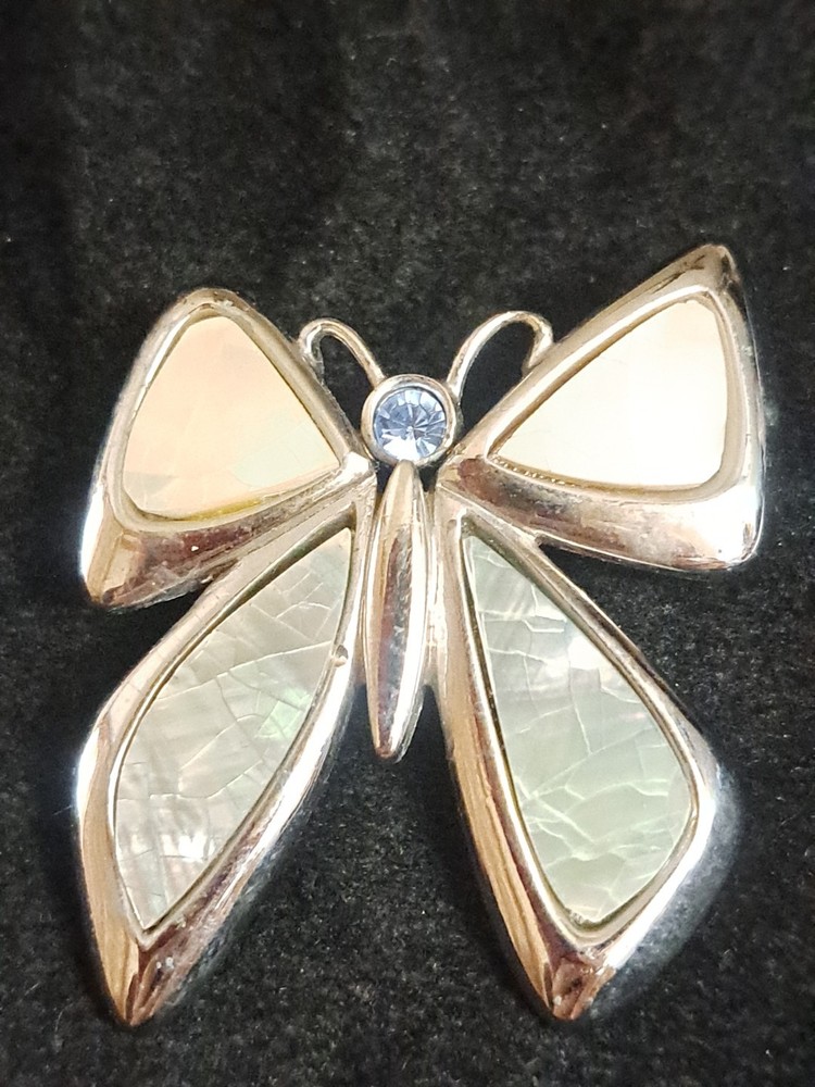 Vintage Liz Claiborne White Enamel Silver tone Butterfly Brooch