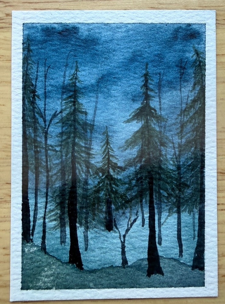 ACEO Original Art Card Watercolor Painting abstract night sky forest 2.5 X 3.5-image
