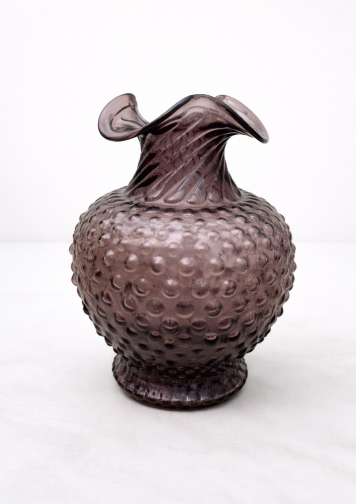 Vintage Amethyst Hobnail Glass Vase w/ Ruffled Top – Purple Art Glass –