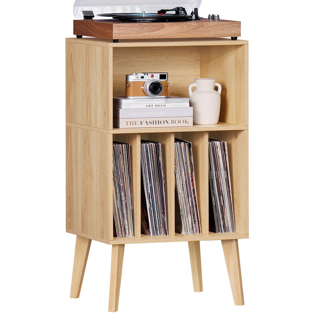 Mid-Century Burlywood Record Player Stand Holds 160 Vinyl Albums