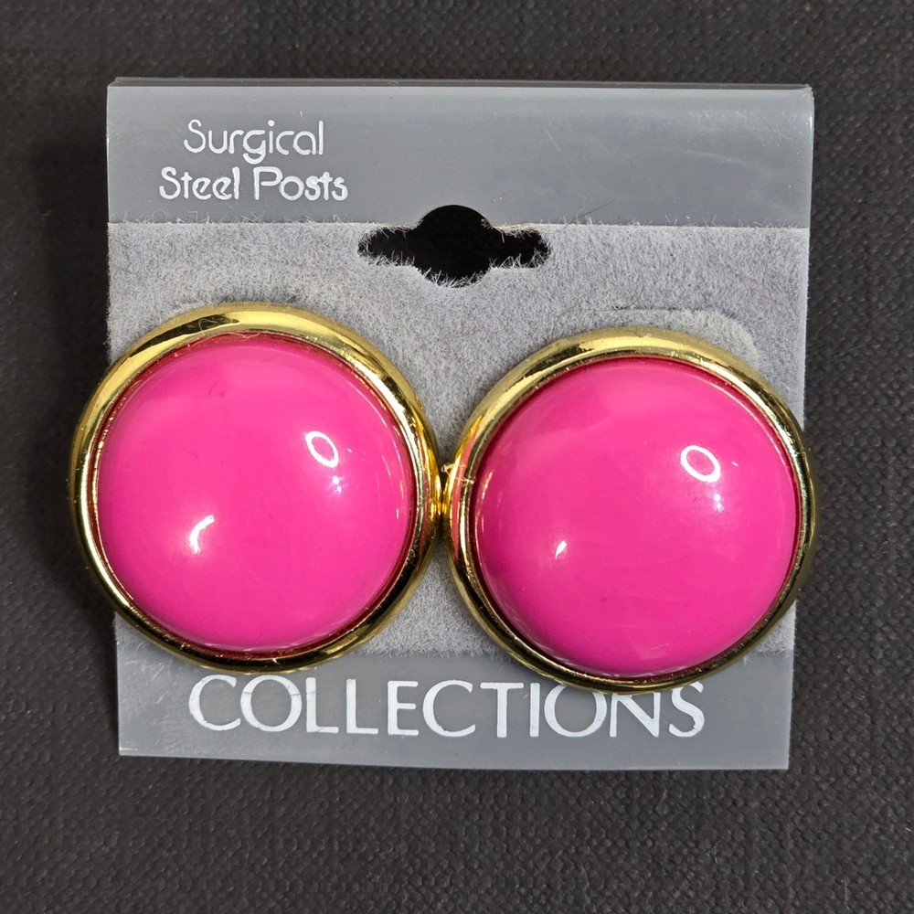Vintage Pink Dome Stud Earrings Gold Tone Statement Jewelry Retro 80s Inspired