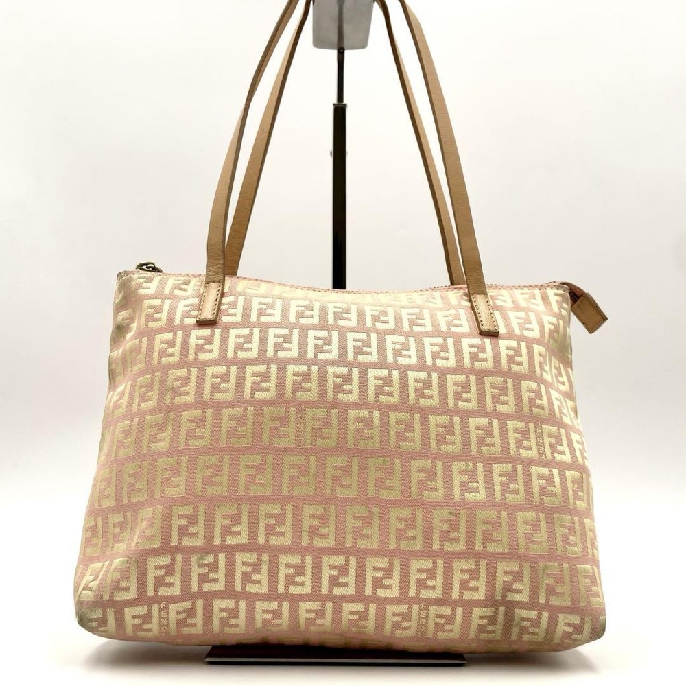 Fendi Zucchino Pink Canvas Leather Tote Designer Handbag New