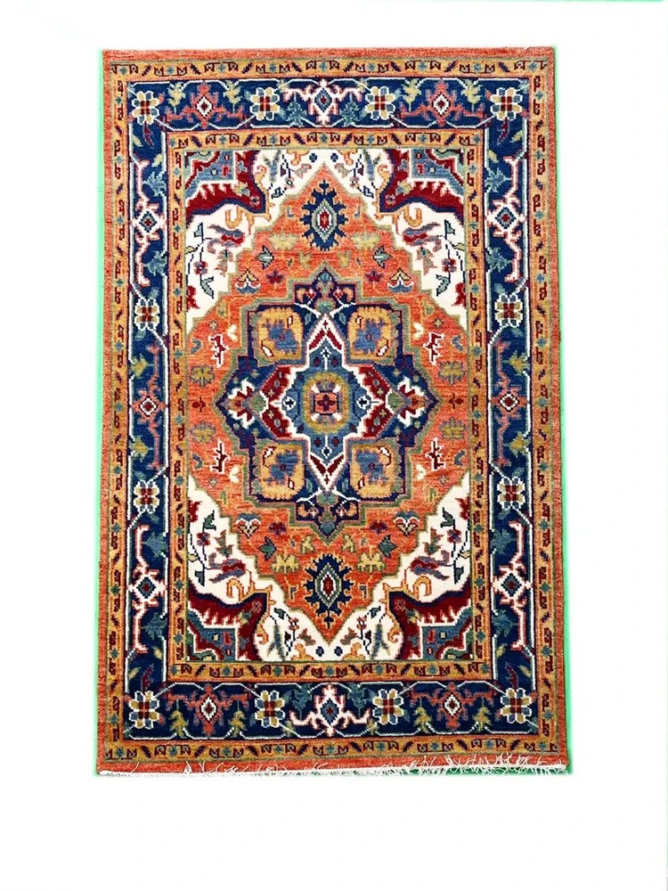 Hand Knotted Oushak Rug Blue Gold Wool Area Rug Traditional Turkish Carpet