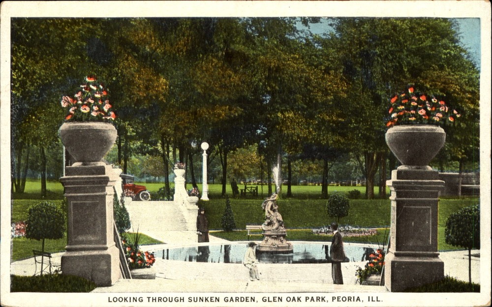 Looking through Sunken Garden fountain Glen Oak Park Peoria IL ~ 1920s postcard