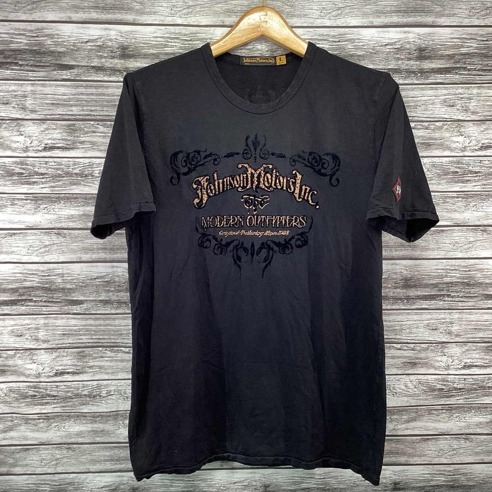 Johnson Motors Inc Shirt Mens Large Black Modern Outfitters Tee Velvet Script