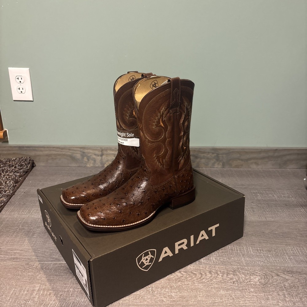 ARIAT Barley Ultra Western Boot Dark Tabac Full Quill Ostrich 10.5 D Brand New  