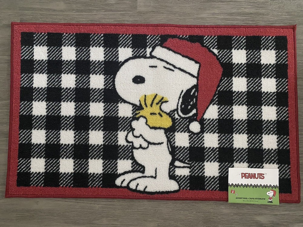 *NEW* Christmas Peanuts SANTA SNOOPY & WOODSTOCK  Accent Rug Buffalo Plaid-image
