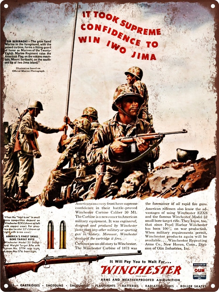 Vintage 1945 Winchester 52 Rifle Suribachi Iwo Jima Metal Sign Repro 9x12